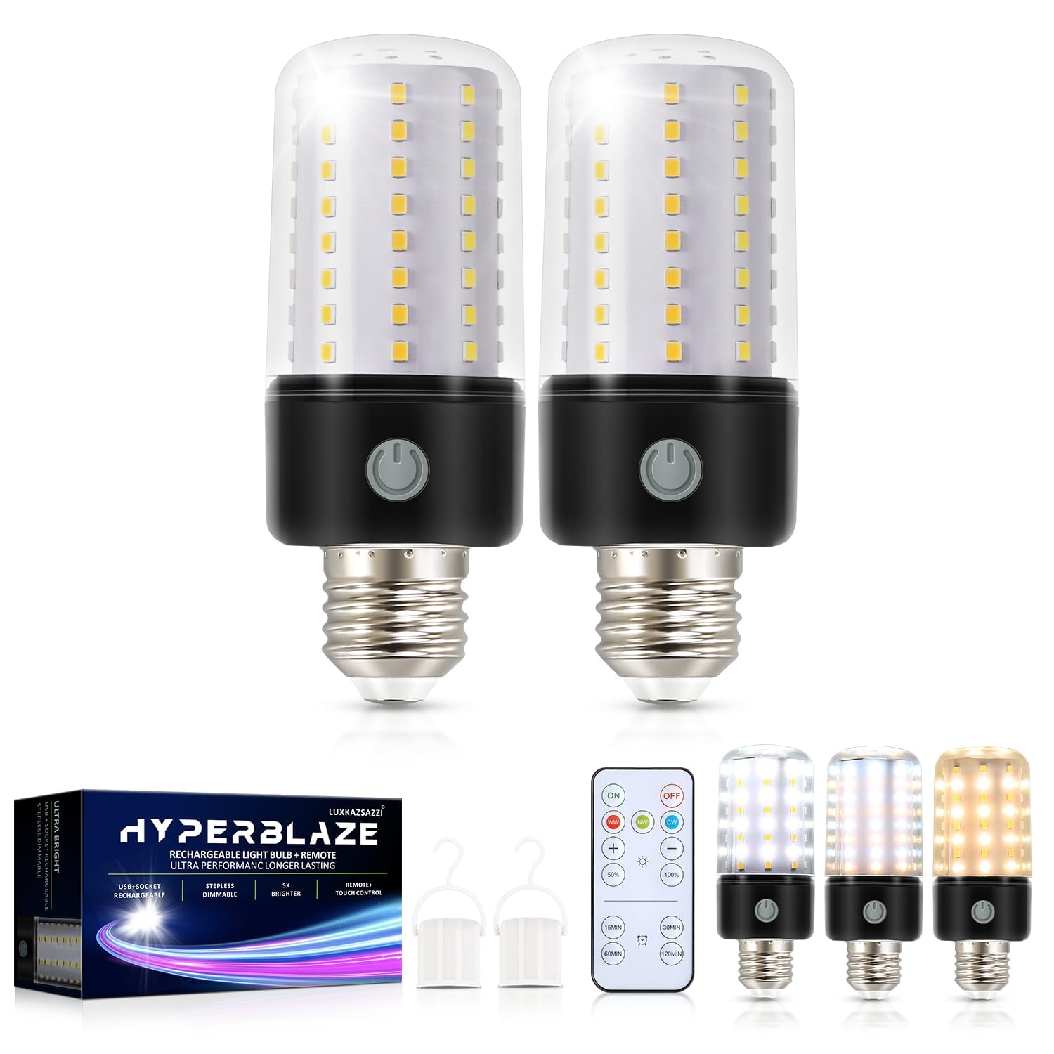 HYPERBLAZE Battery Operated Light Bulb, 72-LED Super Bright Corn Light Bulb with Wide Bright & 3 Colors & Dimmable, Rechargeable Light Bulbs with