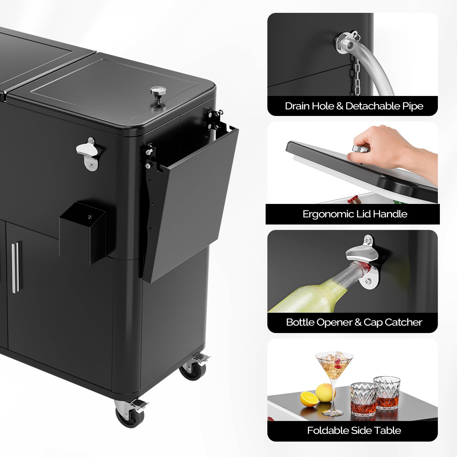Bonnlo 76L Refrigeratore per bevande su ruote con armadietto – Carrello frigorifero portatile con apribottiglie, scarico e rotelle, carrello da servizio, frigo per giardino, terrazza, piscina e feste