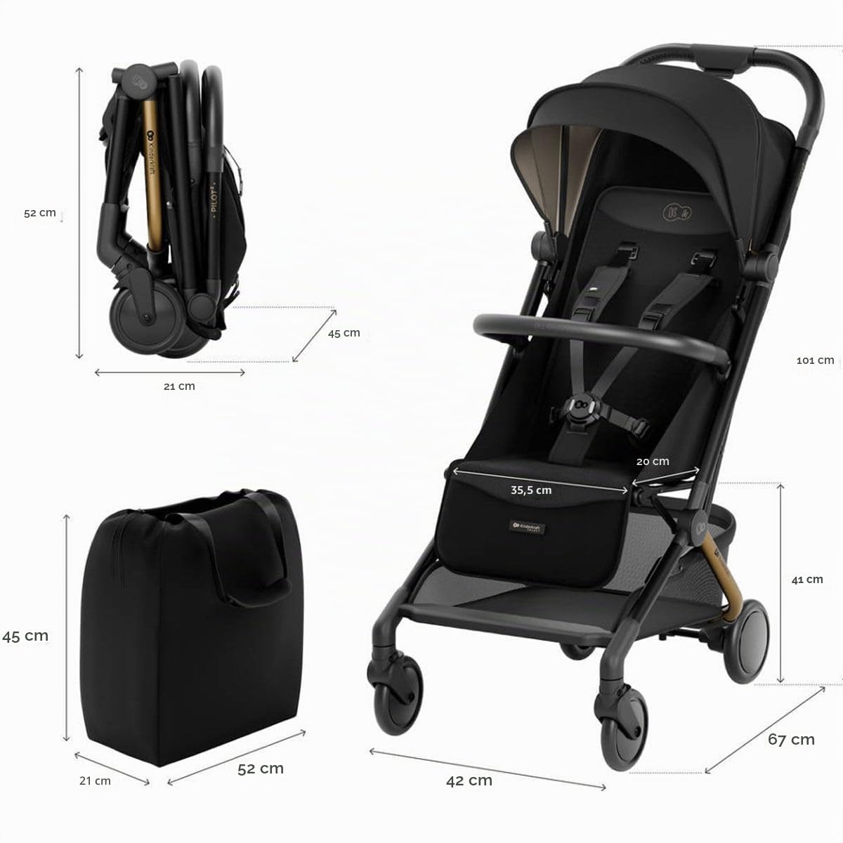 Kinderkraft PILOT 2 Cochecito de Bebé, Silla de Paseo, Deportivo, Sistema Plegable, Pequeñas Dimensiones Después de Plegar, Ligero, Filtro UPF 50+, Arnés de Seguridad de 5 punto, Negro