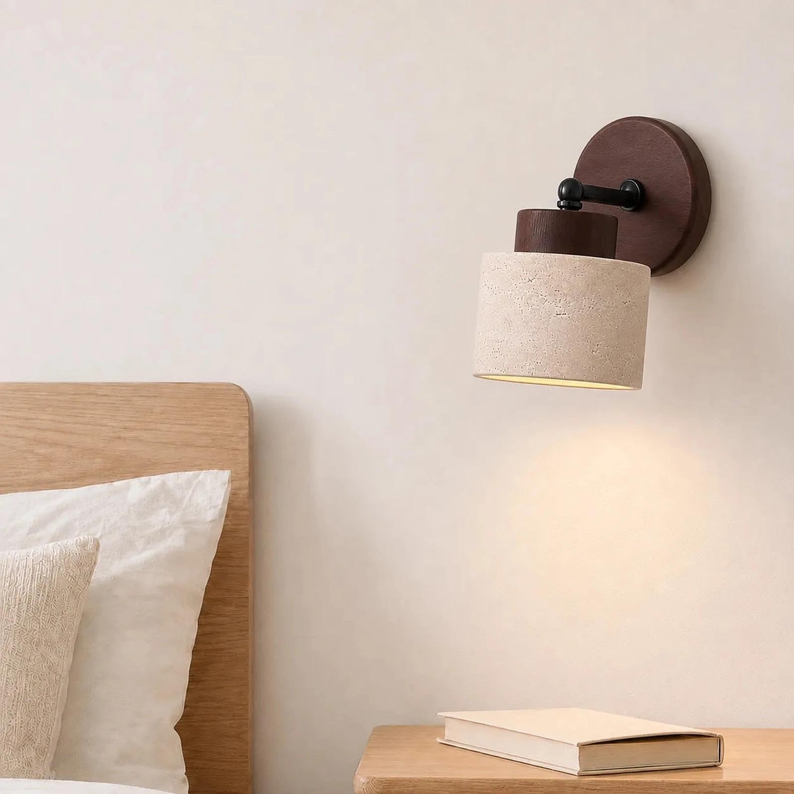 Travertine Wall Light, Adjustable Arm, Wood Base, Hardwired