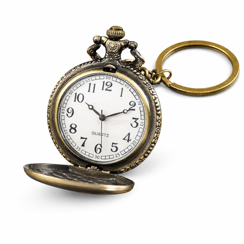 Vintage Pocket Watch with Keychain, Classic Mini Quartz Pocket Watch Key Ring, Portable Retro Style Timepiece for Men Women, Antique Look Compact Hanging Watch for Keys Bag Gift Item - 1 Set