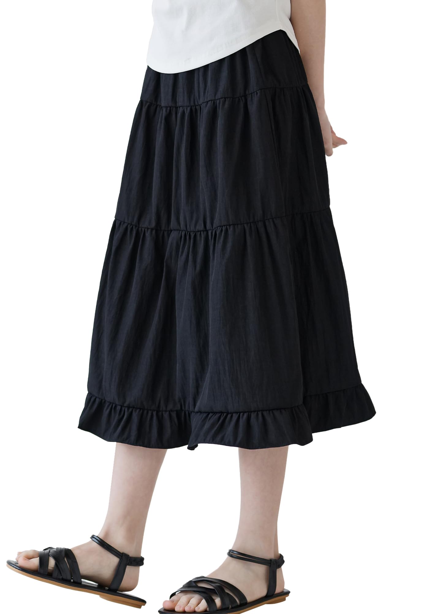 Maeau Falda larga de color liso para niña, cintura elástica, falda de verano con volantes para playa, para ocio, escuela, playa, fiesta, baile, con forro suave, 7 – 16 años, 130-165 cm