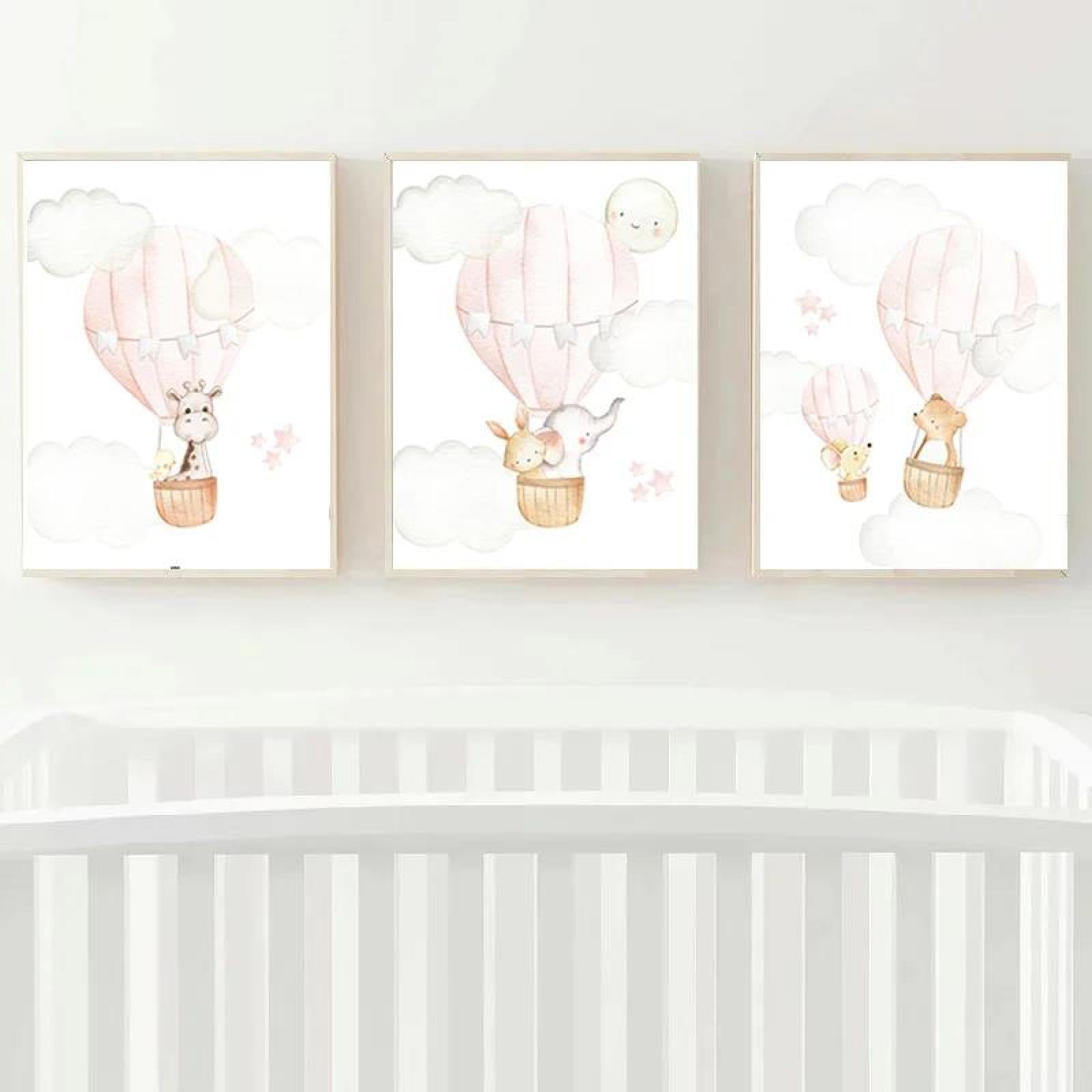 Baibexing Blush Hot Air Balloon Nursery Art Woodland Animals Nursery Print Canvas Poster Prints Home Bedroom Living Room Decoration 21X30Cmx3Pcs Unframed