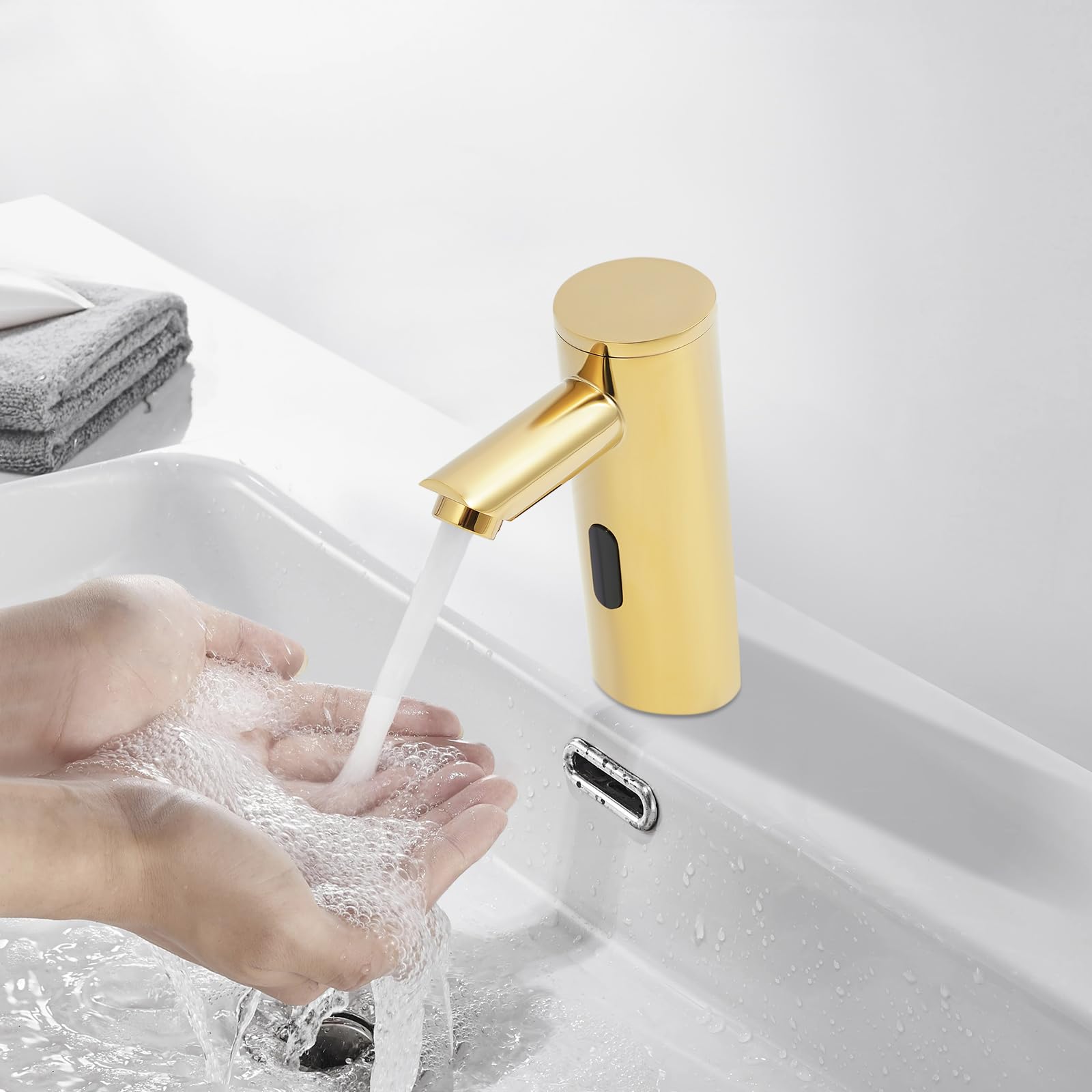 Rubinetto con sensore a infrarossi, per bagno, con sensore automatico, miscelatore per bagno, senza contatto, per lavabo, colore: oro