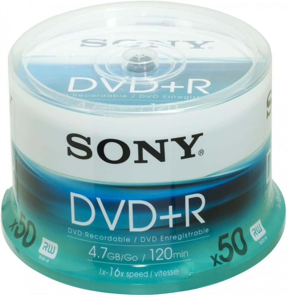 Sony DVD+R (recordable), 16x, con 120 minuti per DVD, confezione da 50