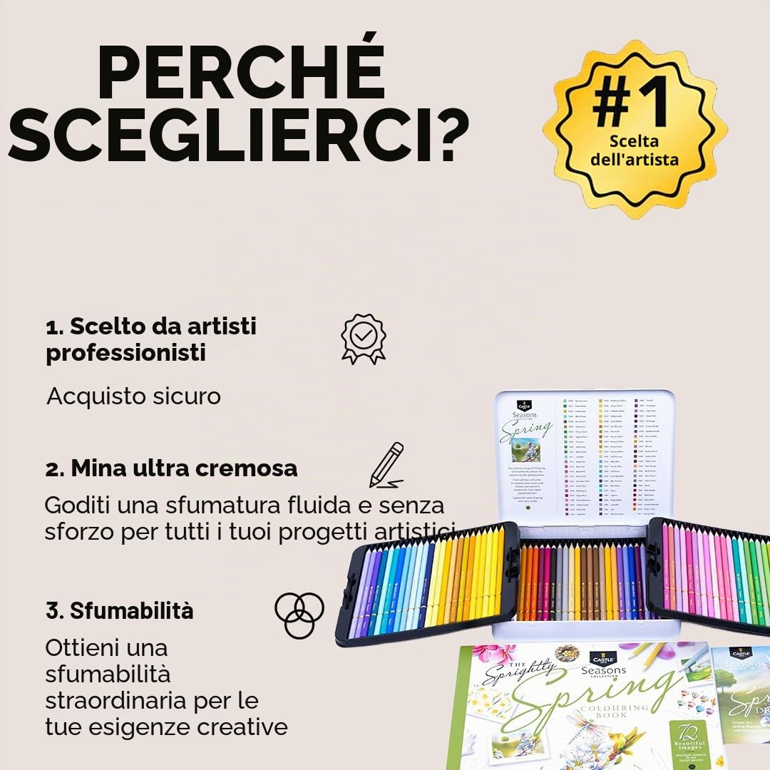 Castle Art Supplies Set di 72 matite colorate primaverili | Matite colorate a base di cera, con nucleo morbido per miscelazione esperta