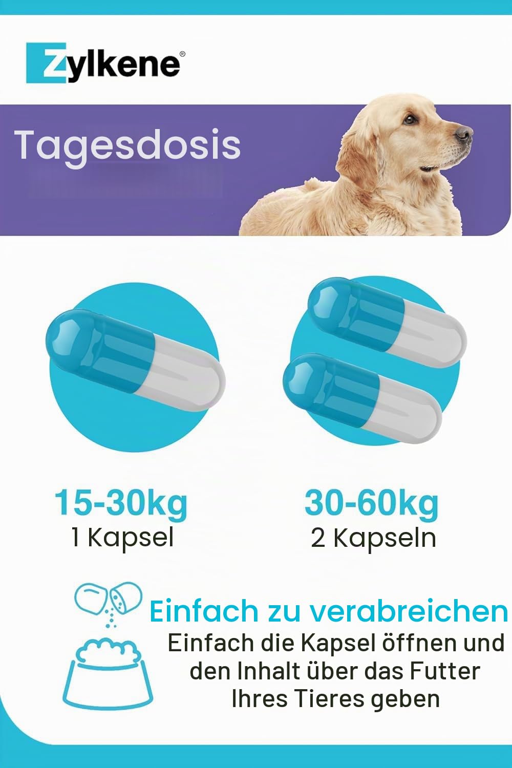 Zylkene Ergänzungsfuttermittel | Hunde über 15 kg | Entspannend bei Unwohlsein | 100 Kapseln á 450 mg