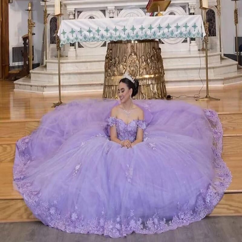 ZVOCY 3D Flower Quinceanera Dresses for Sweet 15 16 Off The Shoulder Lace Beaded Princess Long Ball Gowns with Big Bow4