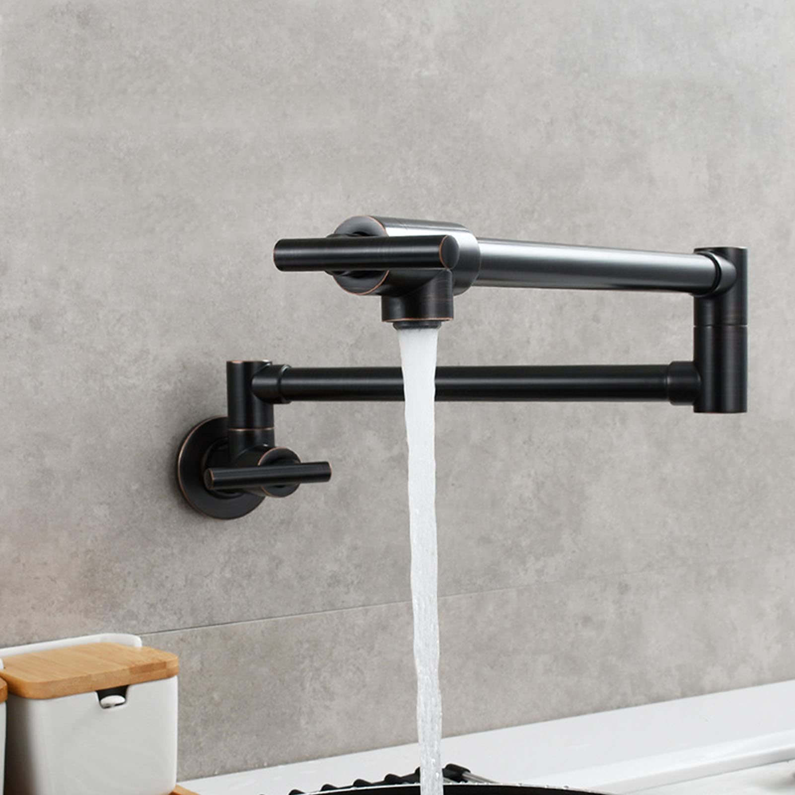 Pot Filler Faucet Wall Mount, Double Joint Swing Arm Folding Kitchen Faucets, Single Hole 2 Handle Solid Brass Kitchen Faucets,ORB