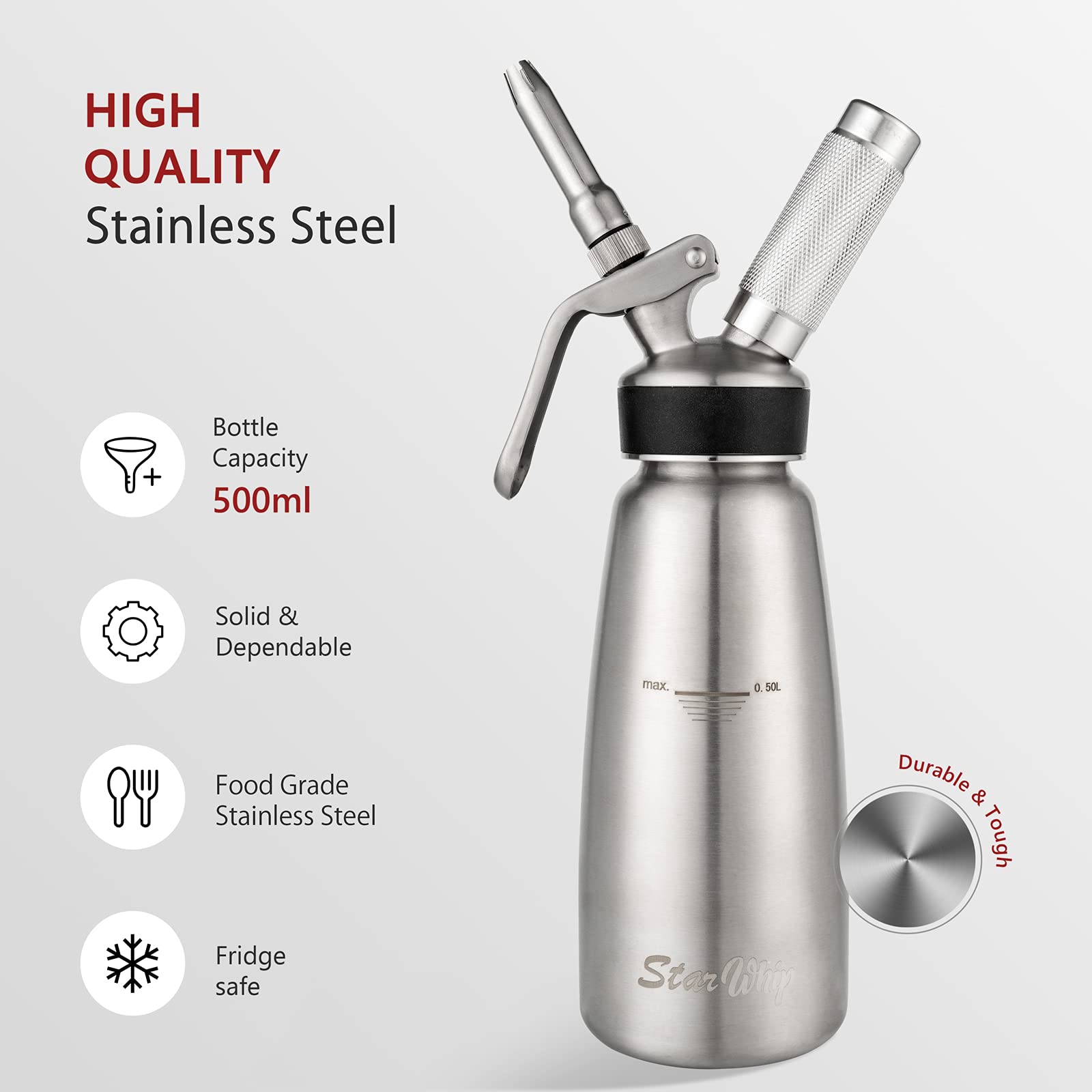 Dispensador de crema batida de acero inoxidable - Altamente duradero crema batida 1 pinta (500 ml) con 4 puntas de decoración y cepillo, bote de sifón de batir ZERO-LEAK (SS-S)