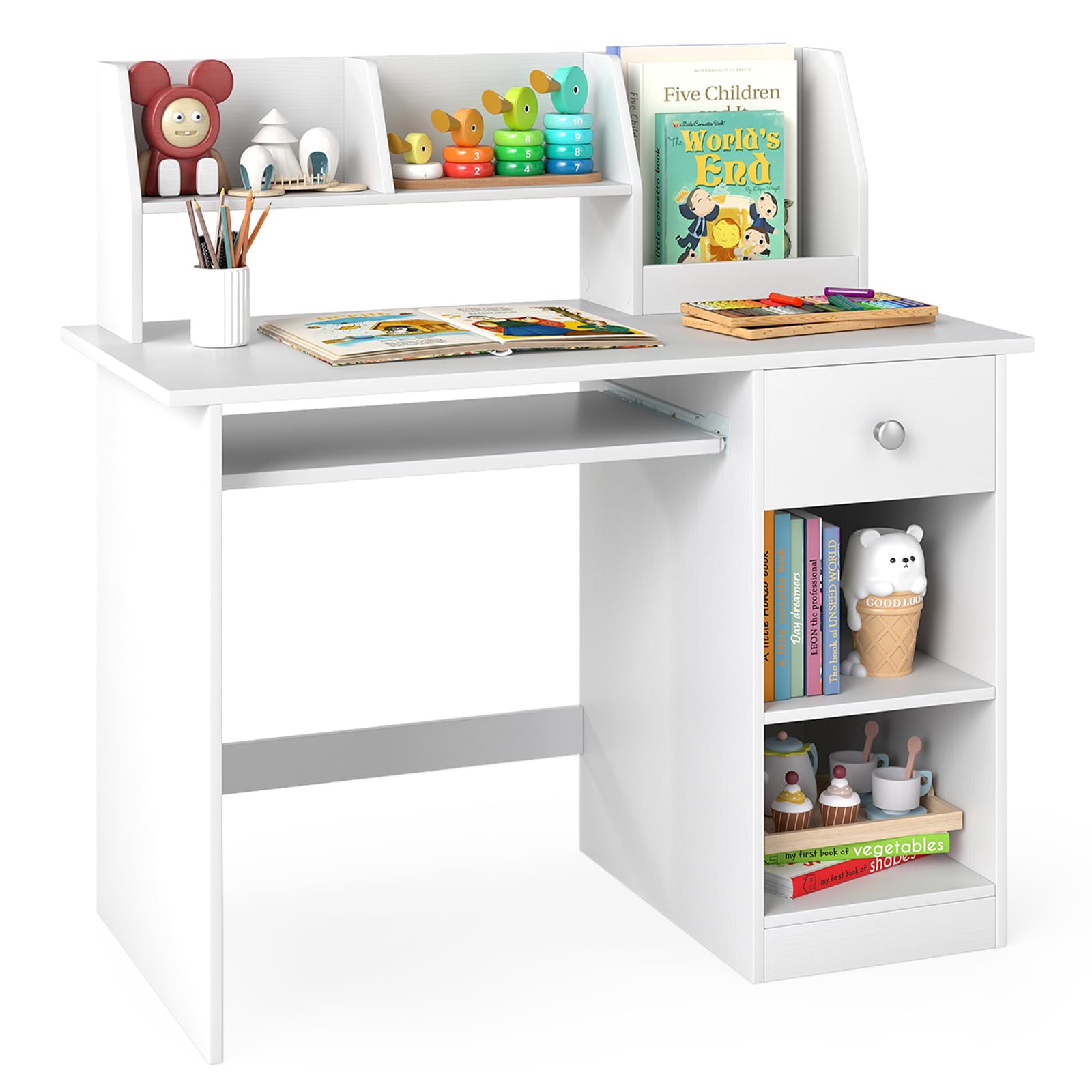 GOPLUS Bureau Enfant 3 en 1 avec Rangement, Tiroir et Étagères, Table Enfant en Bois 90x45x90CM Blanc