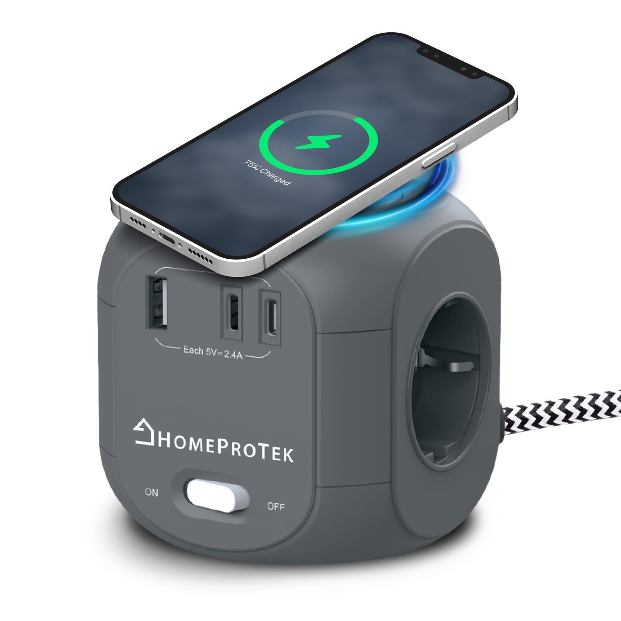 HomeProtek Steckdosenwürfel 3-Fach, USB-A, 2 USB-C, Grau, Kabelloses Laden | Steckdosenwürfel Mit USB, Kabellosem Ladegerät Und Schalter; Kompakter Mehrfachstecker Für Schreibtisch, Büro Und Zuhause