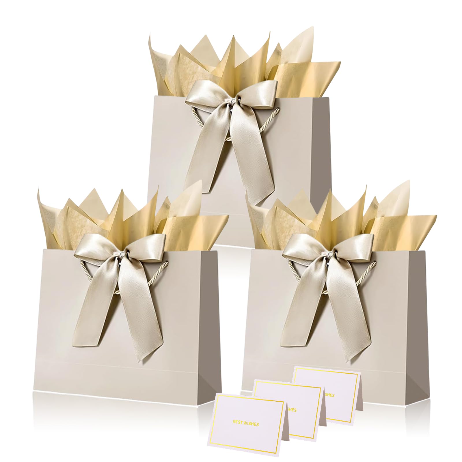 Champagne Paper Gift Bags with Handles,3pcs Medium Gift Bags for Presents,Wrapping Gift-Bag with Bow Ribbon Tissue Papers and Cards,28 * 20 * 10cm Wrapping Bag for Christmas Birthday Wedding — image 1