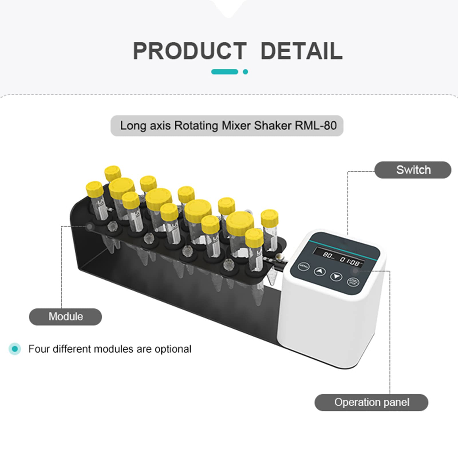 Mezclador giratorio de eje largo con pantalla digital | Motor sin escobillas controlado por llave | Ideal para tubo centrífugo/tubo de extracción de sangre | Continuo/cronometrado | Exclusivo de