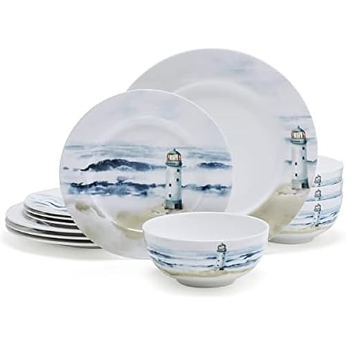 Mikasa Seaside Coastal Bone China Lightweight Chip Resistant 12 Piece Dinnerware Set, Service for 4