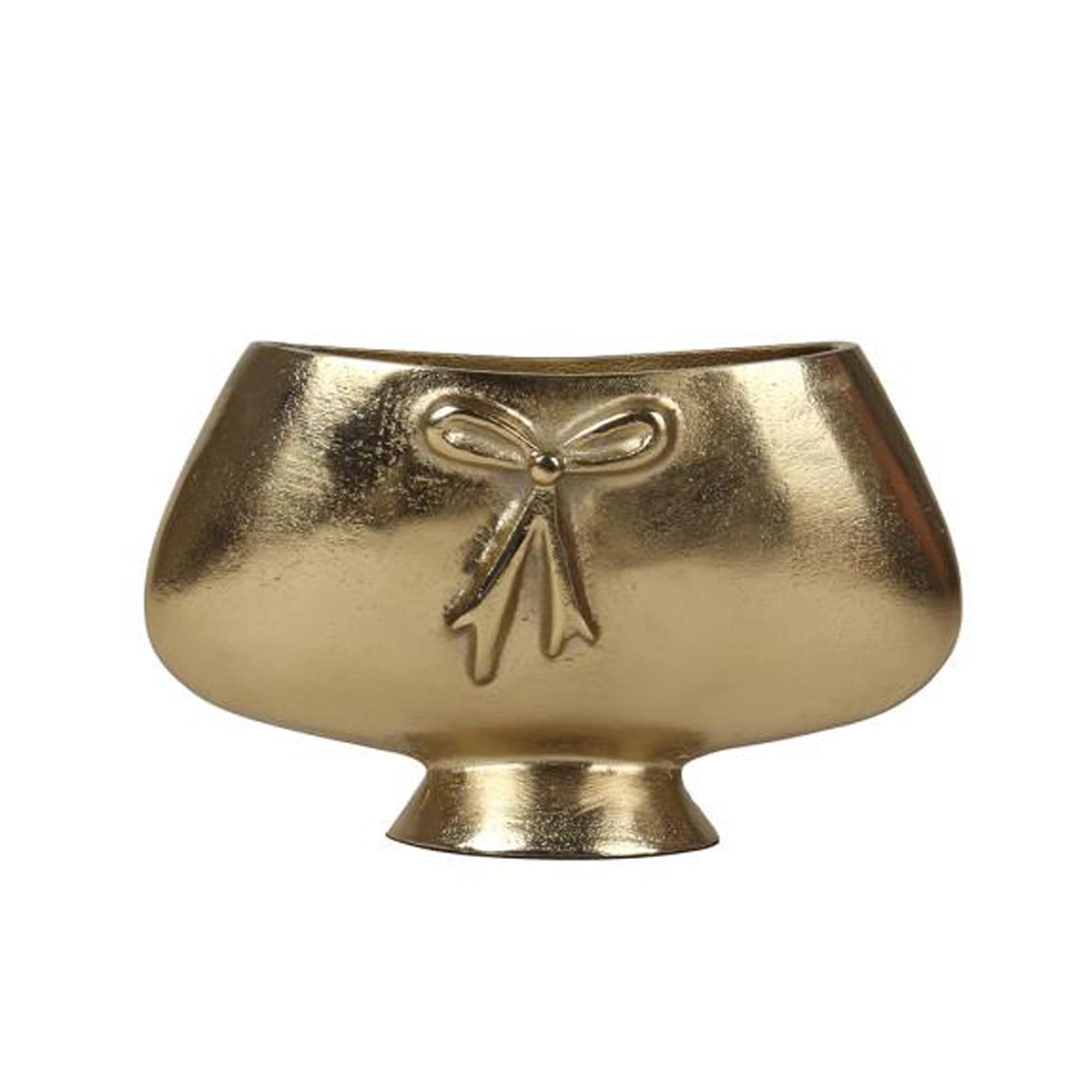 IHI EST. 1986 Gold Bow Accent Vase, 8.5 Inch Decorative Metal Footed Vase, Gold Finish Planter with Embossed Bow Detail, Elegant Tabletop Centerpiece