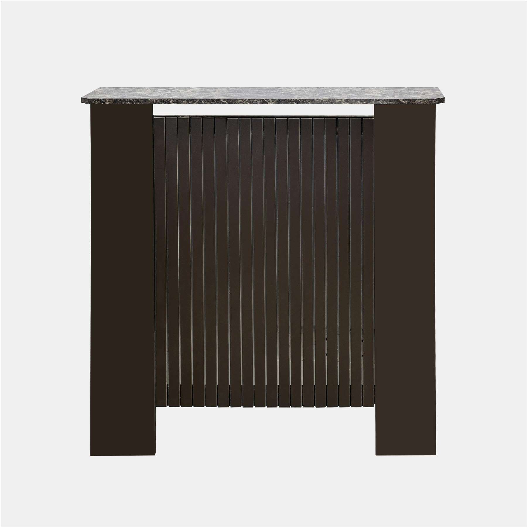 OHS Small Radiator Cover Ribbed, Modern Slatted Front MDF Cabinet Decorative Heater Cover with Top Shelf Radiator Covers for Living Room Bedroom Hallway, Marble Dark Wood - 78 x 82 x 19cm
