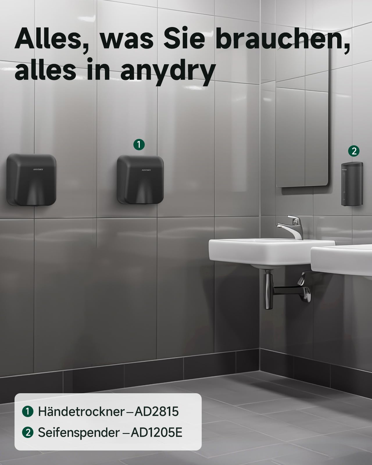 anydry IronStorm 2815 Gewerblicher Händetrockner mit HEPA-Filter 1600W Edelstahl gebürstet Matt Schwarz