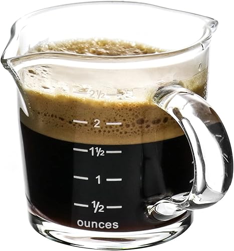 Miniatura 5 de QWORK Vaso de chupito de café expreso con asa, paquete de 4 vasos medidores de vidrio de doble boquilla de 3 onzas, taza de leche triple con dos