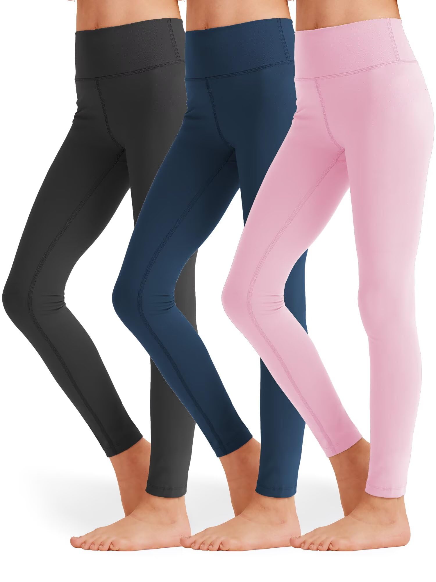 3 Pack Girls Black Athletic Leggings, Printed Ankle Length High Waisted Yoga Pants for Kids Teen