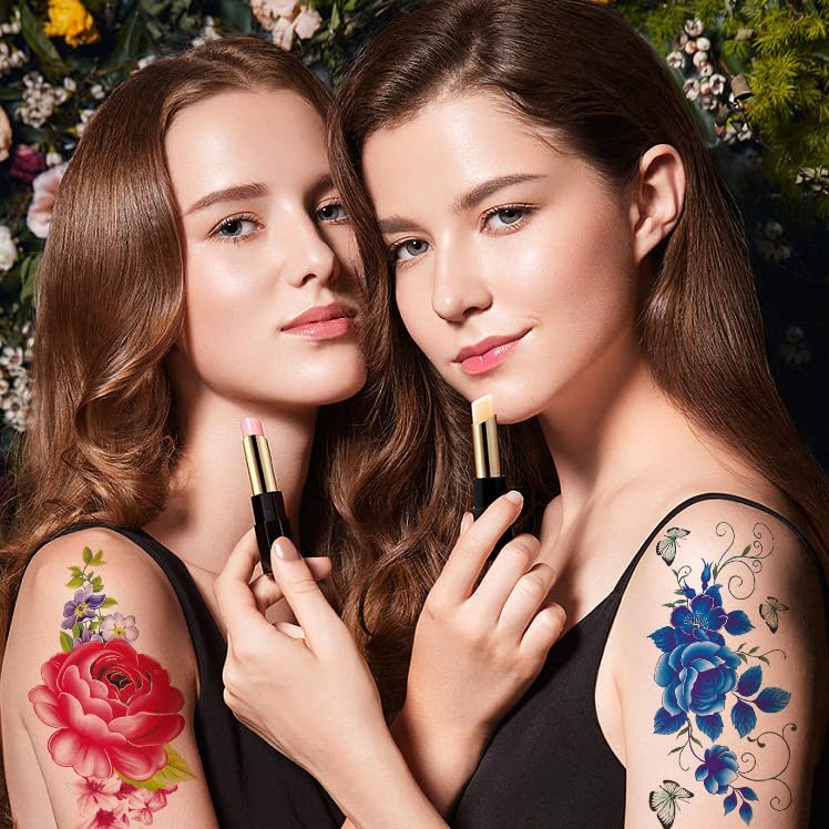 Miniatura 6 de Tatuajes temporales florales de 21 hojas, diseños brillantes de peonías y rosas en 3D, arte corporal impermeable para mujeres y niñas, calcomanías