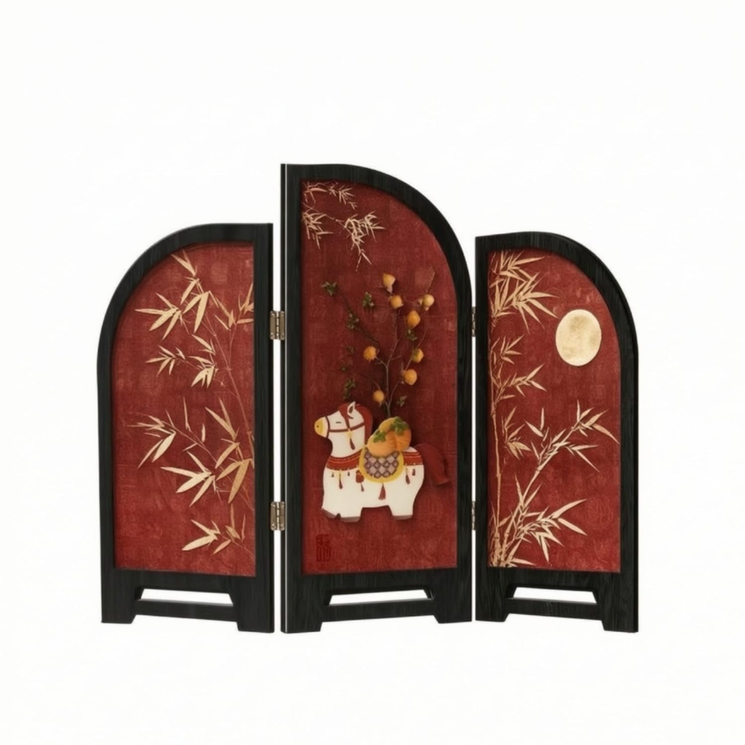 Tabletop Desktop Screen with Arched Panels Foldable Three-Panel Folding Screen Miniature for Cabinet, Tea Table, Living Room, Happy Pony-a-image-47