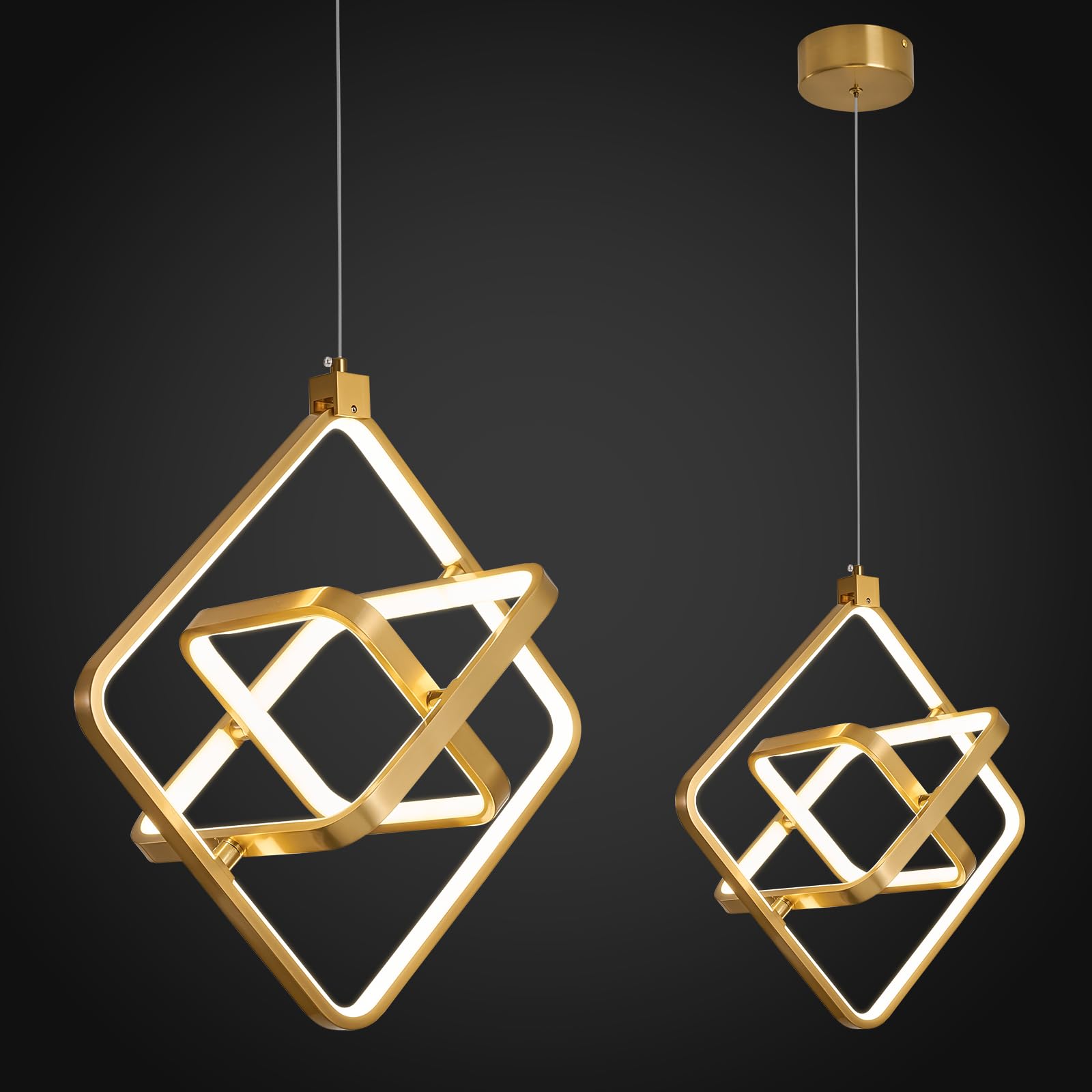 ZYBWL Modern LED Pendant Light Gold Rectangular Ring Light Fixture Height Adjustable Chandelier Suitable for Kitchen Island Bedroom Living Room Foyer(3-Ring)