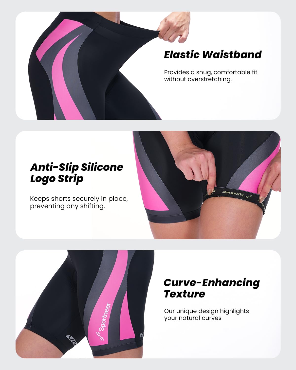 Sportneer Short de Cyclisme pour Femme - Rembourré - Séchage Rapide - Short élastique - avec Rembourrage d'assise 4D - Short de Sport Court pour Femme - avec Rembourrage Plus Large et Plus Dense