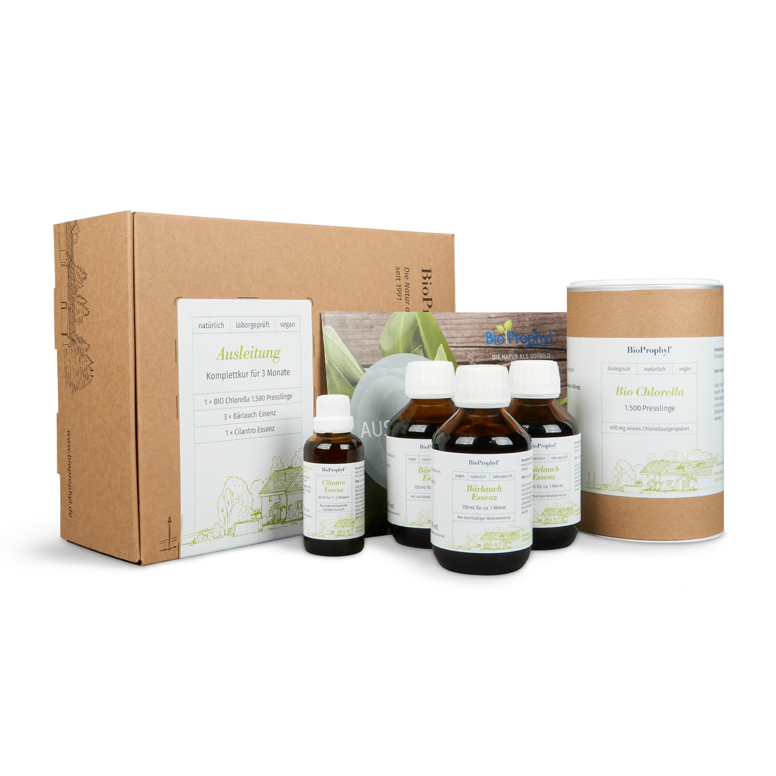 Ausleitung Dreimonatspaket - 3x BIO Chlorella 500 + 3x Bärlauch-Essenz + 1x Cilantro-Essenz - rein natürlich ohne Zusätze - für drei Monate Ausleitungskur nach Dr. Klinghardt