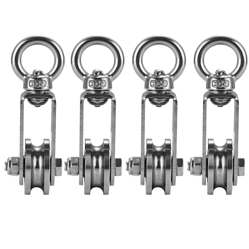 Confezione da 4 pulegge girevoli a U, in acciaio inox, con puleggia girevole a 360°, doppio cuscinetto, per costruzioni, palestre, campeggio (carico 100 kg)