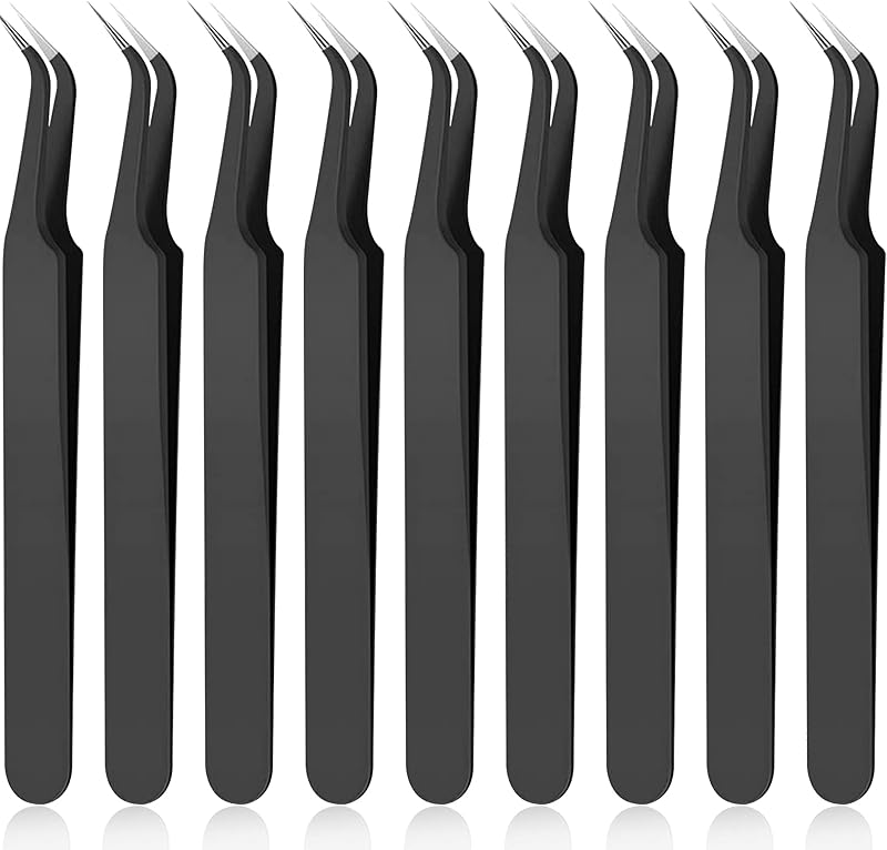 Honoson 9 Pcs Curved Pointed Craft Tweezers Precision Tweezer,Black | Stainless Steel for Crafting, Rhinestones, Eyelash Extensions, Jewelry Making, Dried Flowers, Stickers, With Covers