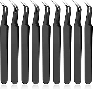 Honoson 9 Pieces Curved Pointed Craft Tweezers Stainless Steel Precision Tweezer with Protective Cover for Rhinestones Dried Flowers Craft Stickers Eyelash Extension Jewelry Making(Black)