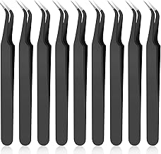 Honoson 9 Pieces Curved Pointed Craft Tweezers Stainless Steel Precision Tweezer with Protective Cover for Rhinestones Dried Flowers Craft Stickers Eyelash Extension Jewelry Making(Black)