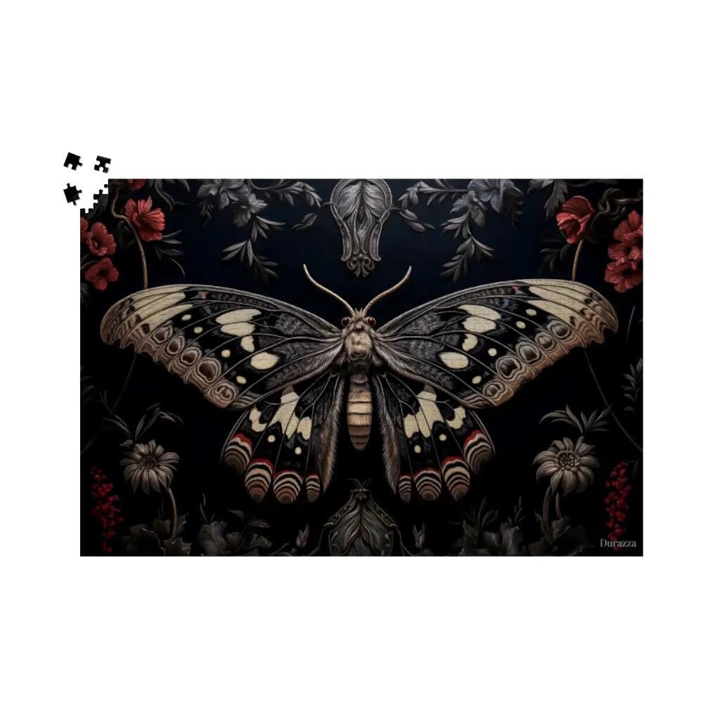 Elegant Black Moth Wooden Jigsaw Puzzle 1000 Pieces Puzzle For Adults, Spooky Gothic With Delicate Flowers, Dark Cottagecore Vibes — image 1