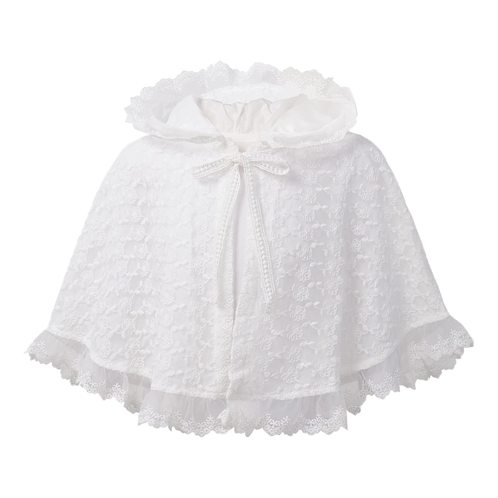 Choomomo Girls Lace Embroidered Hooded Cape Cloak Baby Baptism Christening Self-Tie Bolero Shawl Coat White 9-12 Months