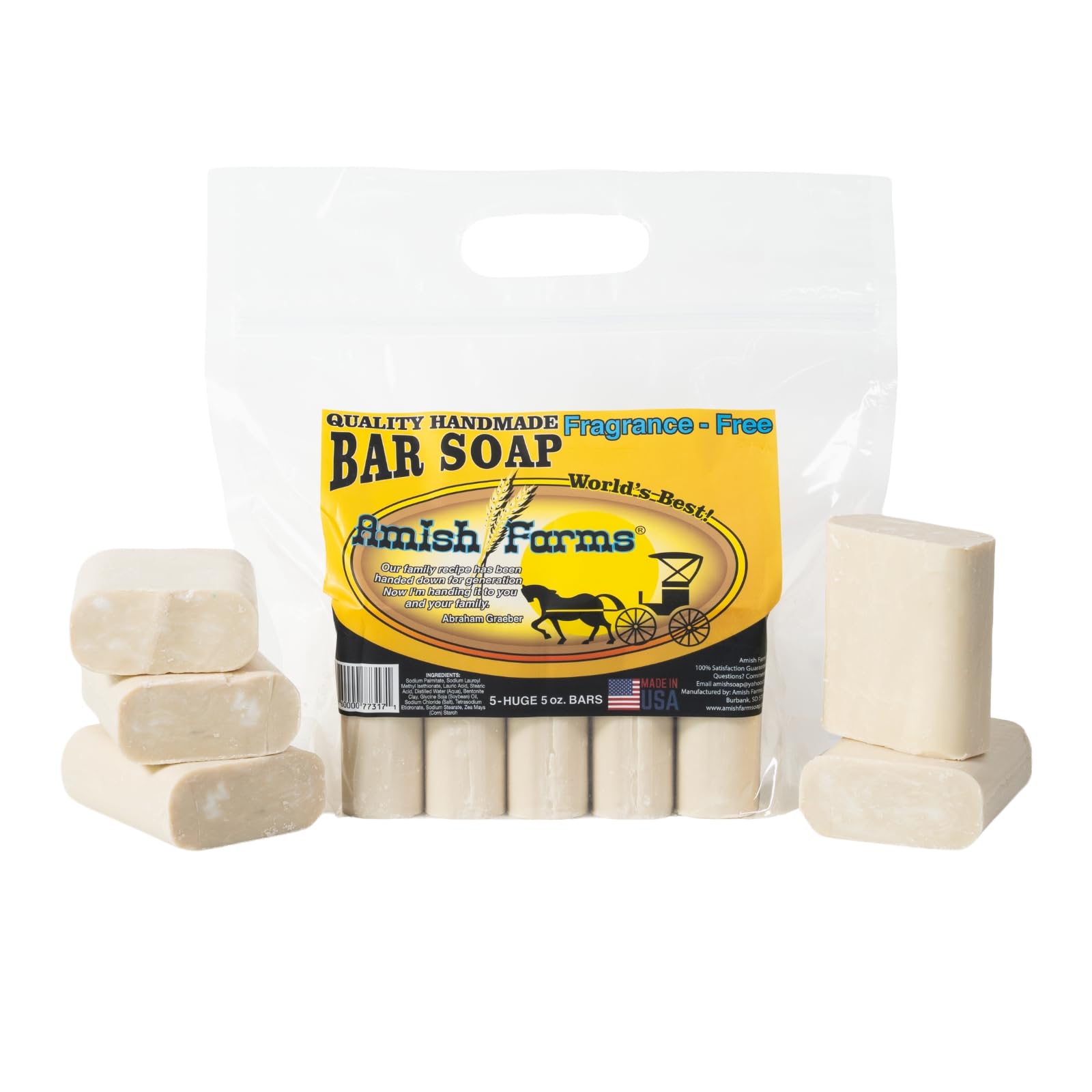 Amish Farms Fragrance-Free Bar Soap Bar w/All Natural Bentonite Clay | Vegan | Made in USA, Moisturizing for Sensitive Skin | Women & Mens Face & Body Bar Soap | 5 Ounce Each (5 Bars)