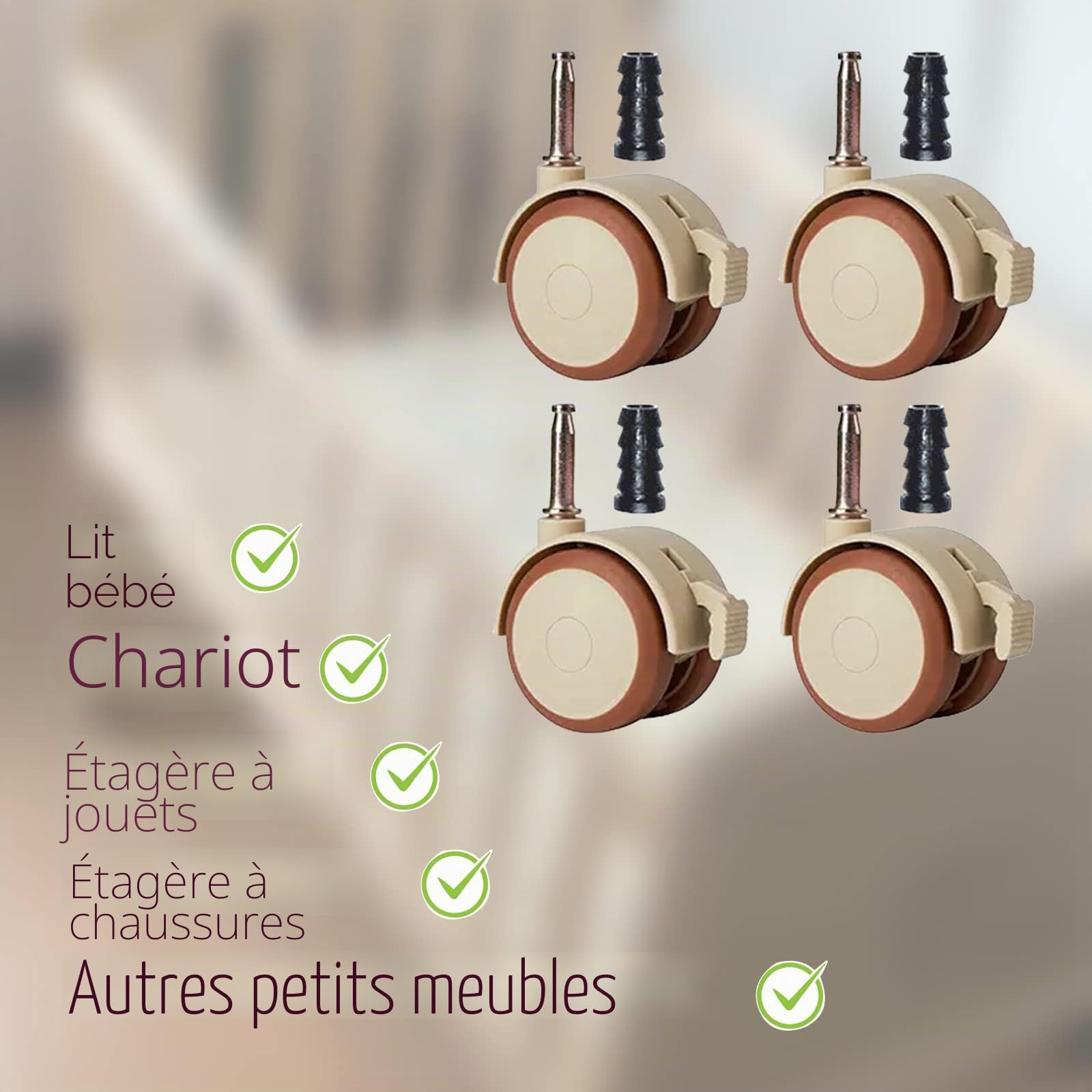 ZoeTekway Jeu de 4 roulettes pivotantes pour meubles d'enfants avec manchon de 10,5 mm, roulettes silencieuses en caoutchouc avec frein, pour petits lits bébé, berceaux