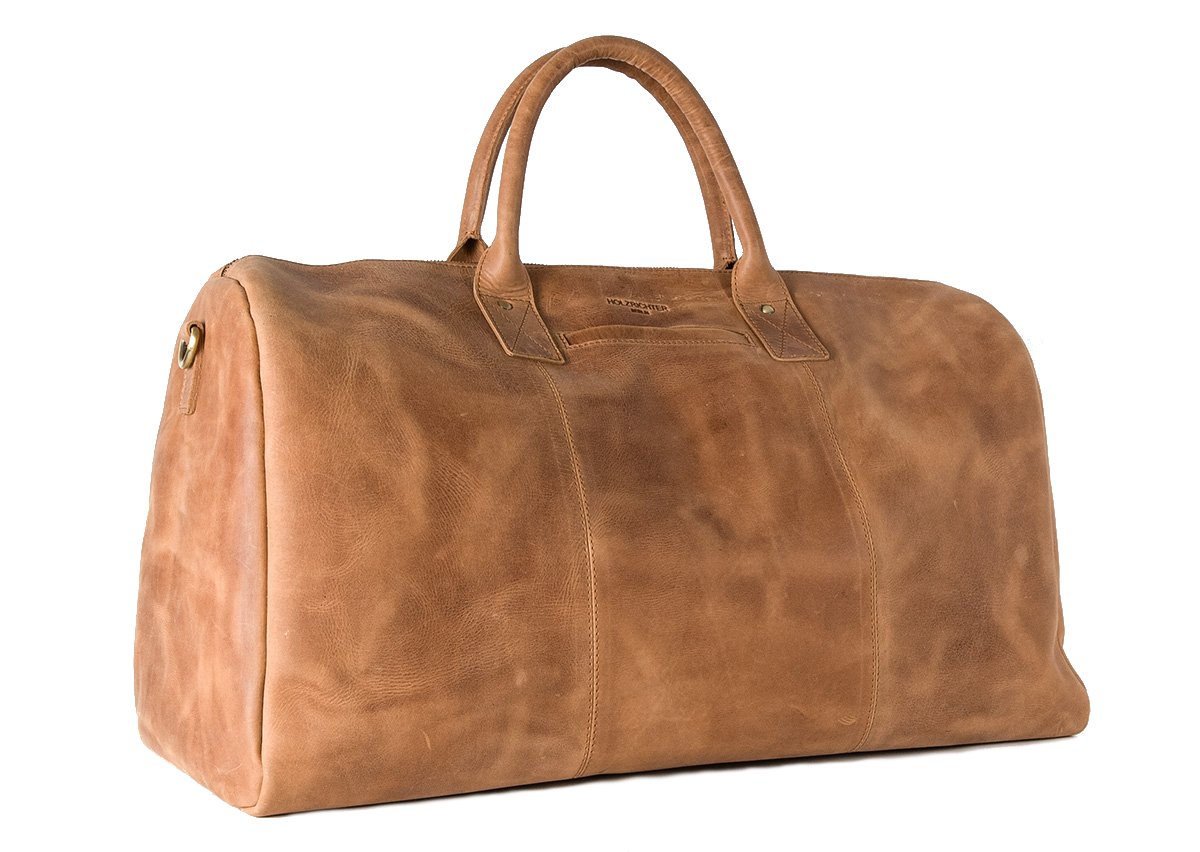 HOLZRICHTER Berlin - Weekender aus Leder für Herren (No 13-1), Reisetasche 31x56x26 cm, Handgefertigte Echtleder Umhängetasche mit Schultergurt, für Handgepäck, in Schwarz und Braun