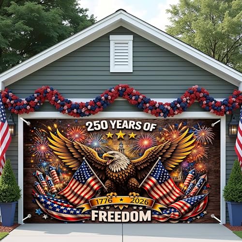 8X7 ft 250th Anniversary Garage Door Cover Patriotic Bald Eagle & American Flag Decor 1776-2026 Independence Day Garage Door Banner 4th of July Outdoor & Indoor Party Backdrop Photo Booth Props