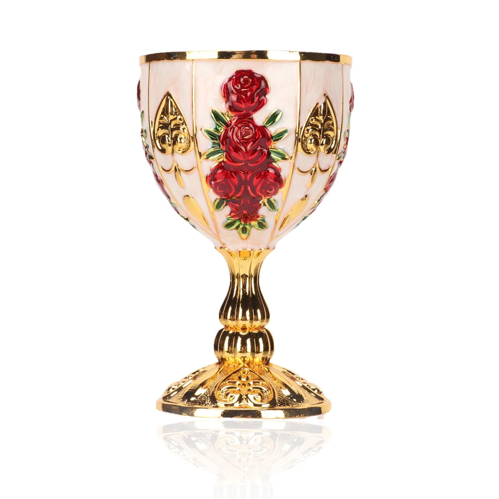 Jwthee Gold Goblet, Zinc Alloy Vintage Golden Wine Cups Retro Embossed Flower Pattern Elegant Pimp Cup Roman Chalice Cup for Party Banquet Bar (Golden White Red Flower)