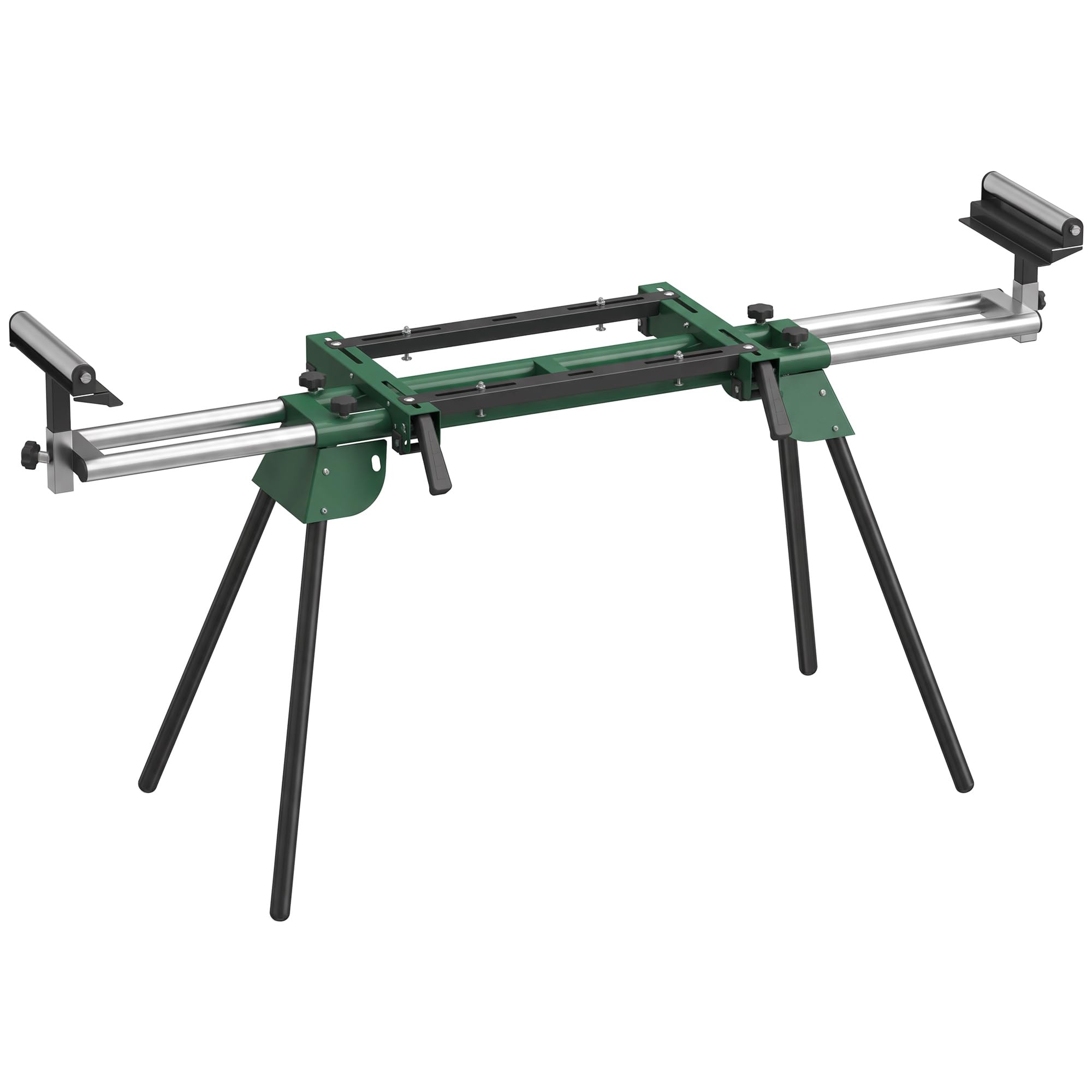 HOMCOM Cavalletti da Lavoro Pieghevoli per Troncatrice, Altezza 81-91 cm e Lunghezza 116-165 cm Regolabili, Rullo di Supporto, Portata 200 kg, Attacco Universale, Verde