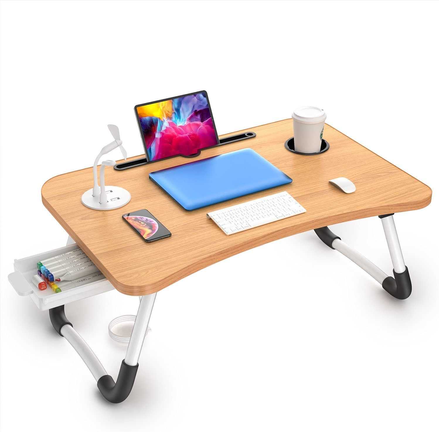 elekin laptop desk for bed,portable folding lap desk bed table standing work table bed tray with 4 usb port/cup holder/drawer for bed couch/sofa wooden