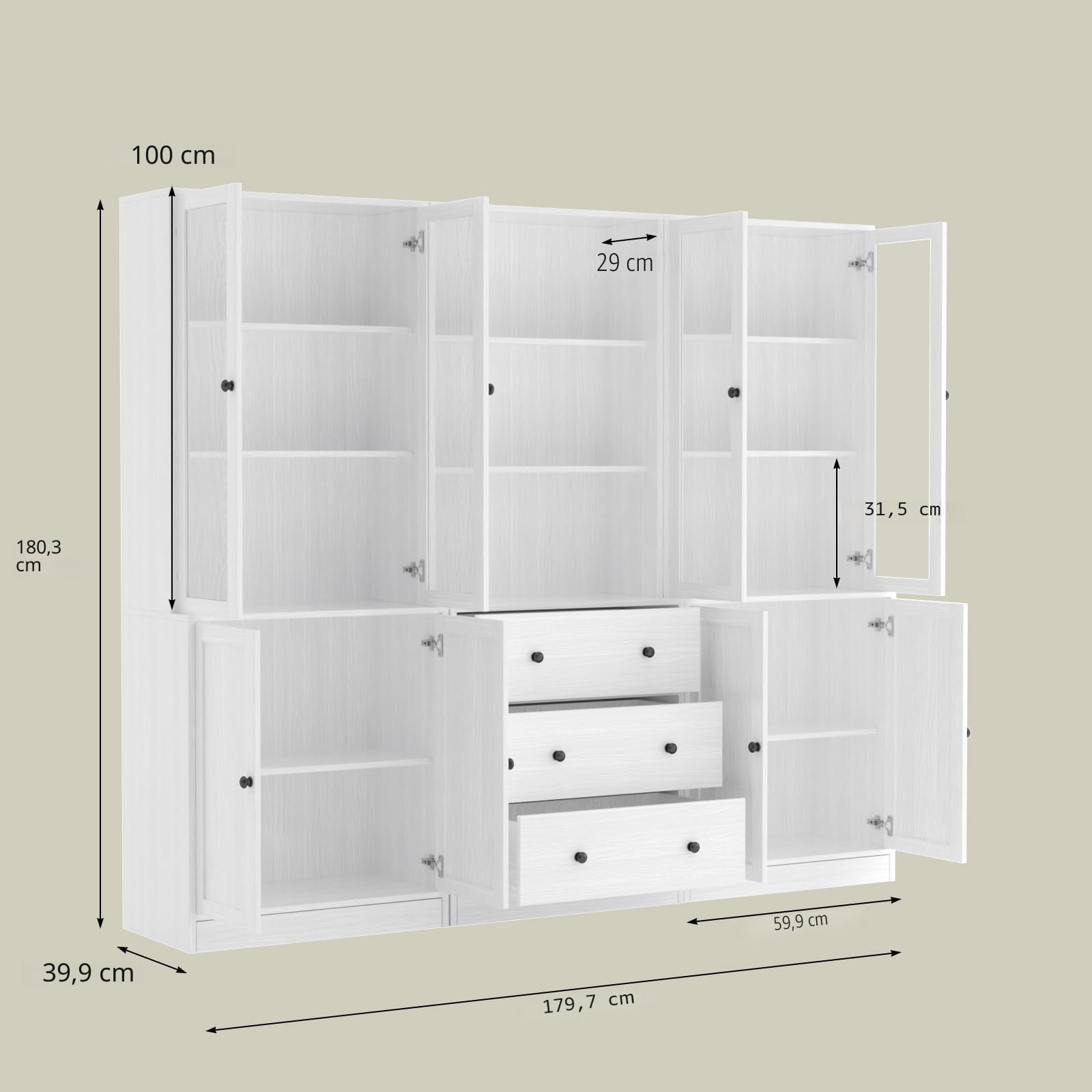 VOWNER Estantería con Puertas, 180 cm Vitrina de Cristal, Librería de 6 Niveles con Puertas y Armario, Vitrina Salón, Aparador Comedor, Aparador Cocina, Estantería Oficina, ABA (Blanco)