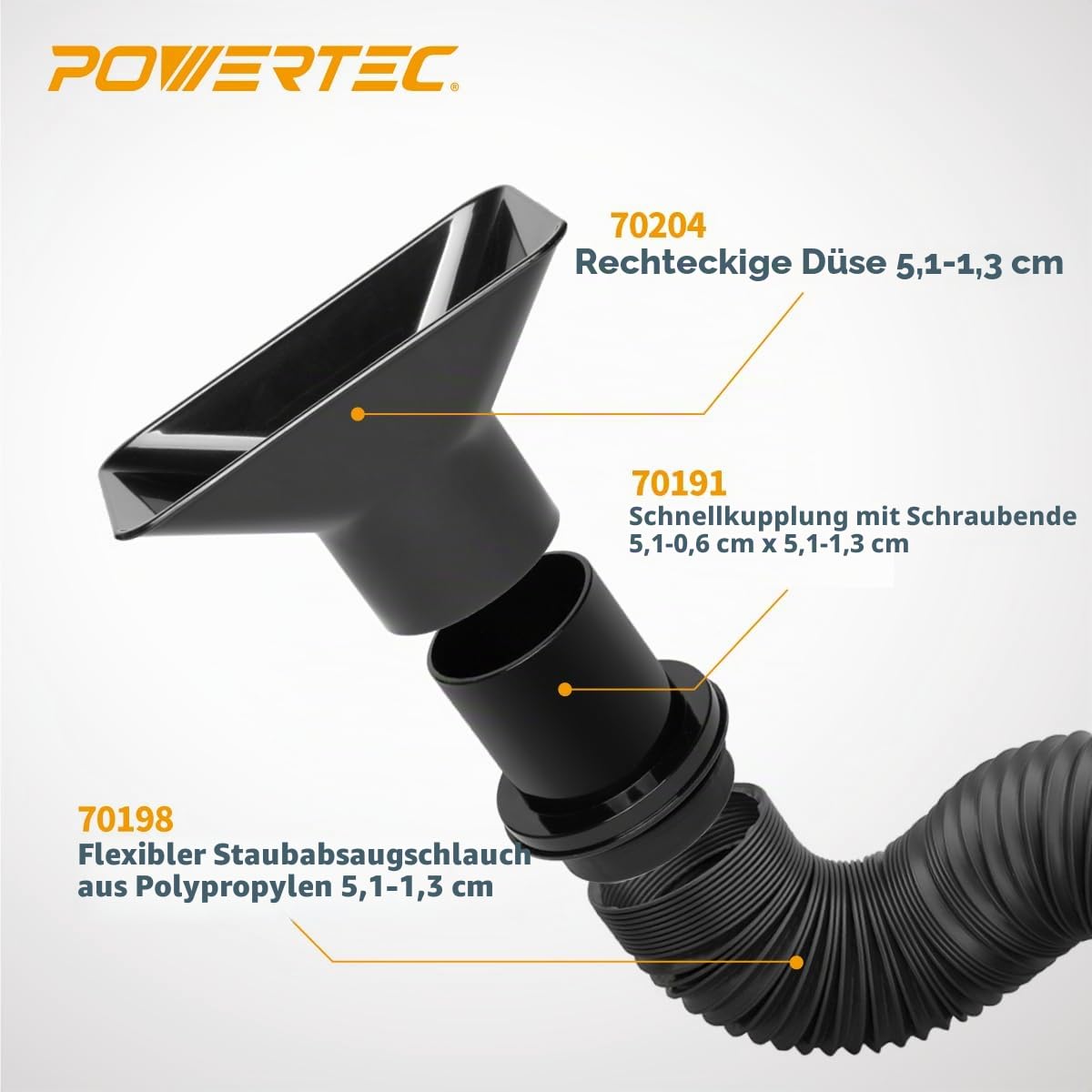 POWERTEC 70208V Staubsammelschlauch-Set, flexibel, 6,4 cm, Schwarz