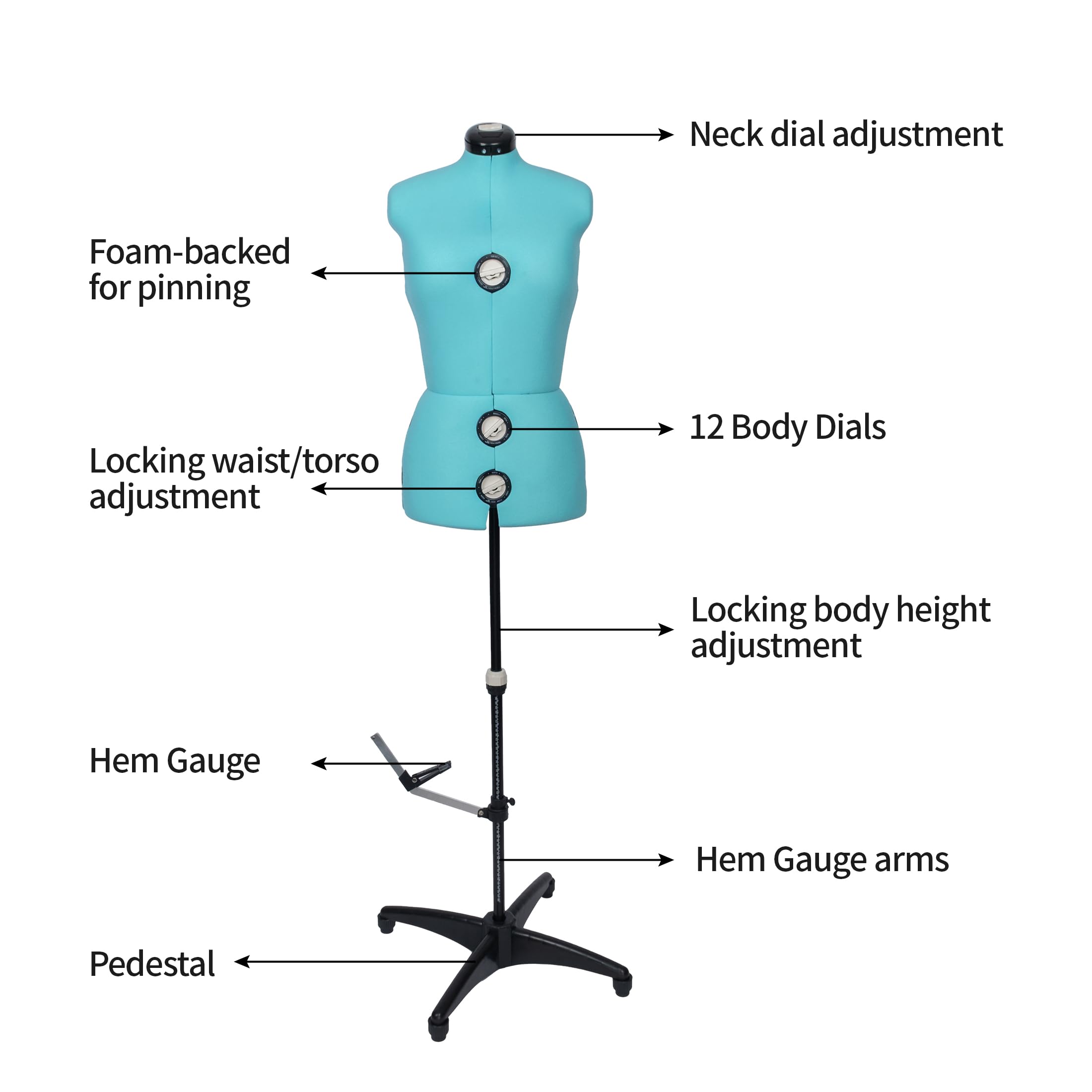 BHD BEAUTY Turquoise 13 Dials Female Fabric Adjustable Mannequin Dress Form for Sewing, Mannequin Body Torso with Tri-Pod Stand, Up to 70" Shoulder Height (L): Large Turquoise