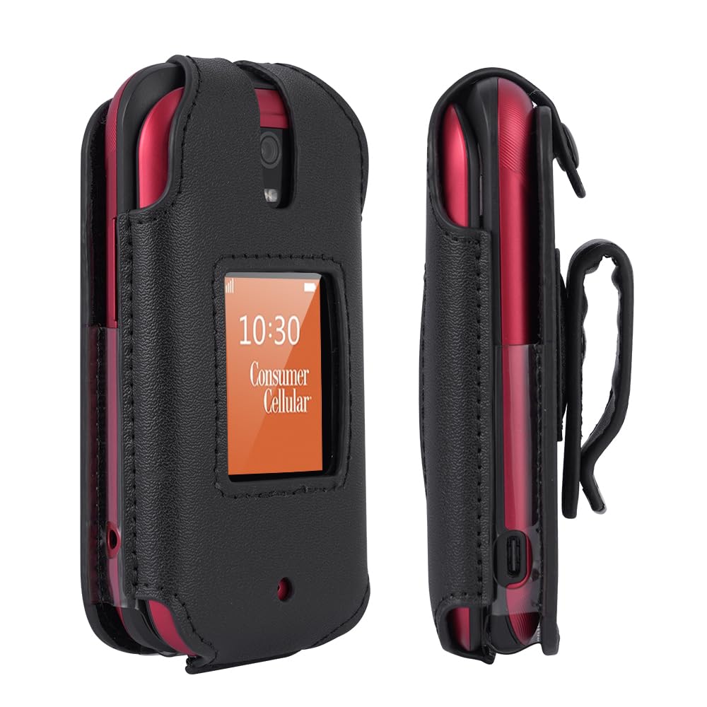 BELTRON Leather Case for Consumer Cellular Iris Flip Phone (2023) - Features: Secure Fit, Rotating Belt Clip, Screen & Keypad Protection (SH3320) - Black
