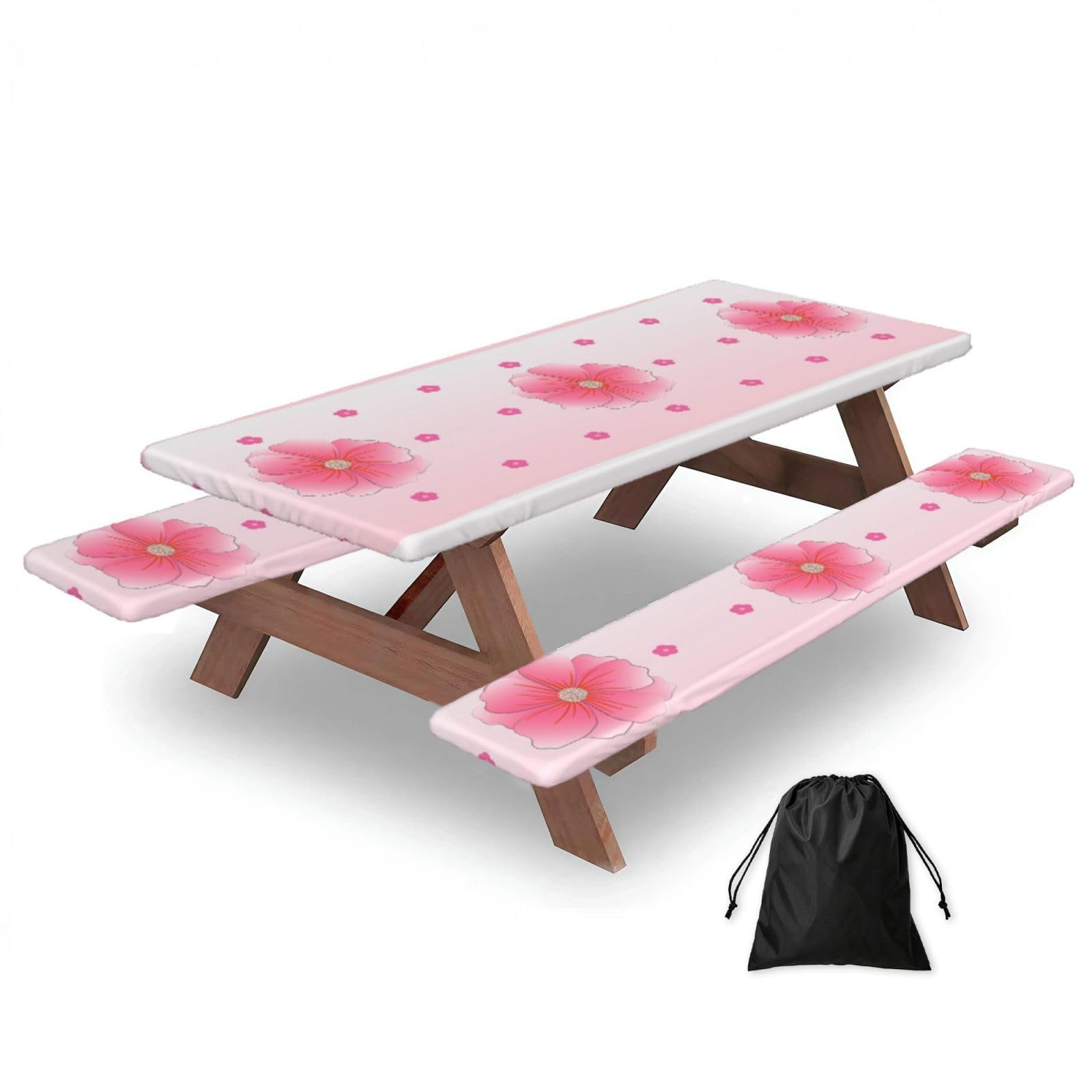 Erwqavc Black Blooming Carnations Print Picnic Table Cover & Bench Covers 3-Pack Set, Elastic Tablecloths For 6 Ft Rectangle Tables