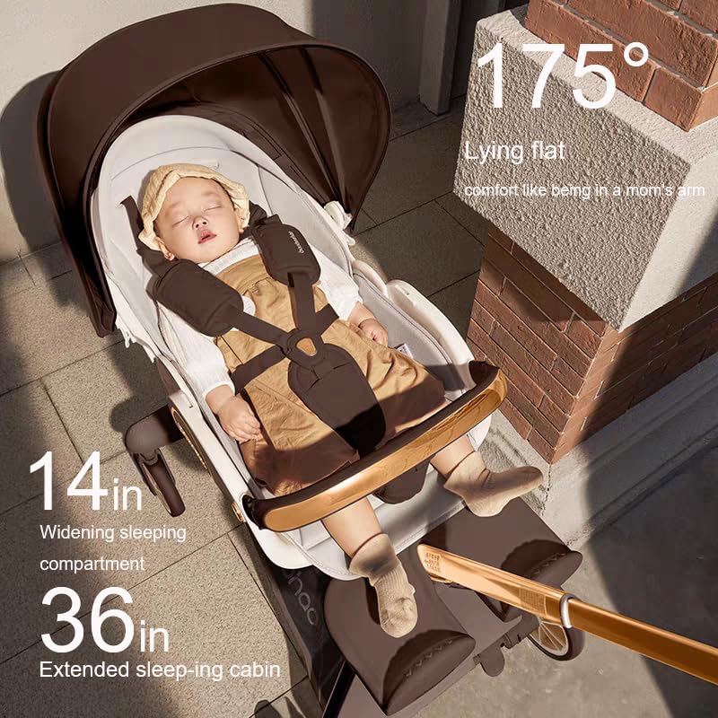 Baby Stroller Lightweight,High Landscape 360°Reverse,Adjustable Backrest Canopy,Foldable,Sit and Stand,Storage Basket,5-Point Harness,Stroller Wagon for Infant Newborn Toddler Brown image 3 of 9 B0D7M6T4NM