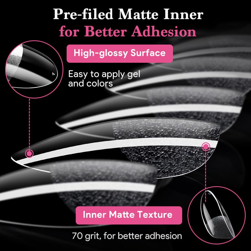 Image of Medium Round Nail Tips, 15 Sizes 510 PCS Clear Gel Tips | 510 PCS clear medium round tips with half-matte full cover, pre-shaped for DIY beginners and salons.
