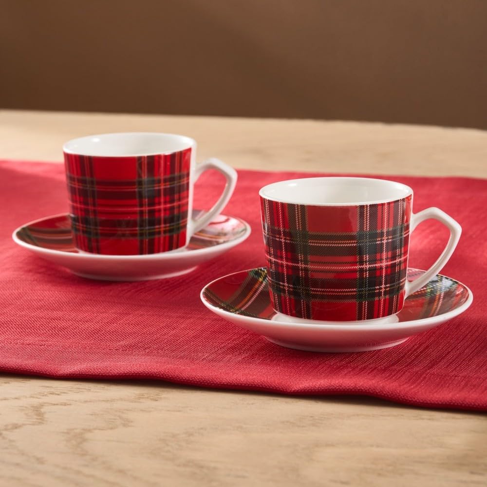 KARACA Ekose V2 4-Piece Bone China Espresso/Turkish Coffee Cup & Saucer Set 80 ml – Red & Black Elegance